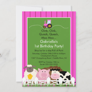 Barnyard-Tierspaß-Geburtstags-Party-Rosa-Mädchen Einladung