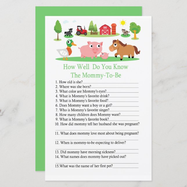 Barnyard Wie gut wissen Sie, Baby Dusche Spiel (Vorne/Hinten)