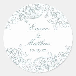 Barock Circular Dusty Blue Wedding Logo Runder Aufkleber