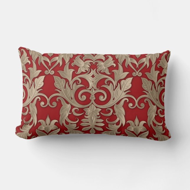 Barock Damask Brocade Creme Beige auf Rot Lendenkissen (Vorderseite)