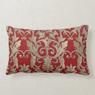Barock Damask Brocade Creme Beige auf Rot Lendenkissen