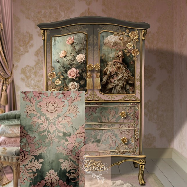 Barock Damask Dusty rosa & grüne Tile Seidenpapier (Weathered Floral Damask Patterned Tile, Dusty Pink and green decoupage tissue paper.)