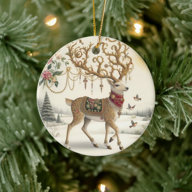 Barock Elegante: Rentier im Schnee Keramik Ornament (Baum)