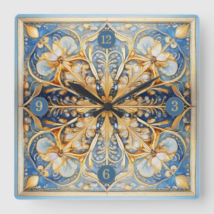 Barock Floral Tile Pat#16 Blue Gold ID1078 Quadratische Wanduhr