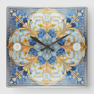 Barock Floral Tile Pat#17 Soft Blue Gold ID1078 Quadratische Wanduhr