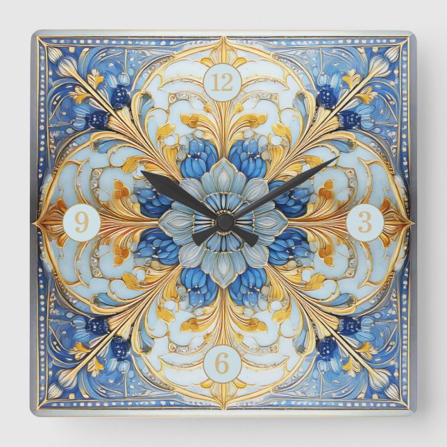 Barock Floral Tile Pat#17 Soft Blue Gold ID1078 Quadratische Wanduhr (Vorderseite)