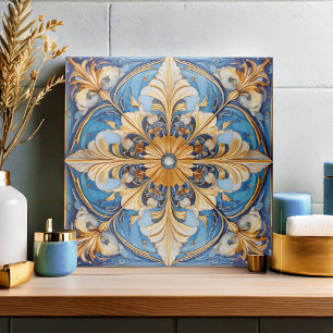 Barock Floral Tile Pat#18 Sky Blue Gold ID1078 Fliese