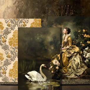 Barock Gold Damast Dame Schwan Portrait Set Geschenkpapier Set