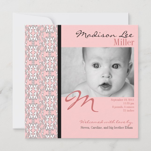 Barock in Pink Baby Girl Ankündigung (Vorderseite)