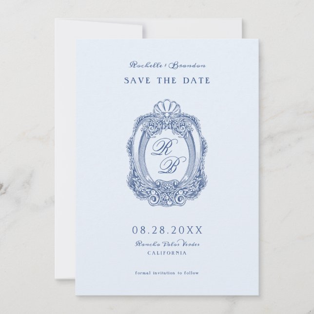 Barock Wappen French Blue Wedding Save The Date (Vorderseite)