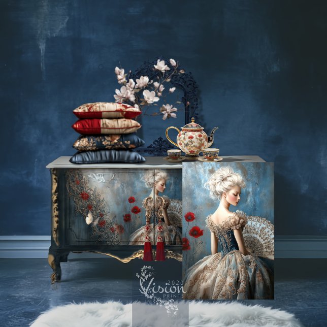 Barockballett, Eleganter Rokoko Portrait & Poppies Seidenpapier (Baroque Ballet, Elegant Rococo, Red Poppies & Navy Blue Portrait Art Decoupage Tissue Paper)