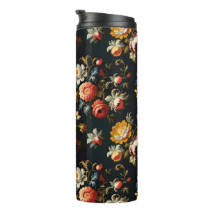 Barocke aufwendige Blumen auf schwarzem Hintergrun Thermosbecher