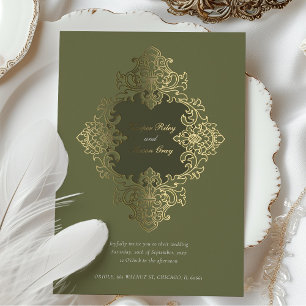 Barocke Folienverzierung Hochzeit Olivgrün Folieneinladung