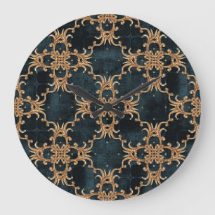 Barocke Goldelemente, dunkelaquamarin nahtlos. Große Wanduhr