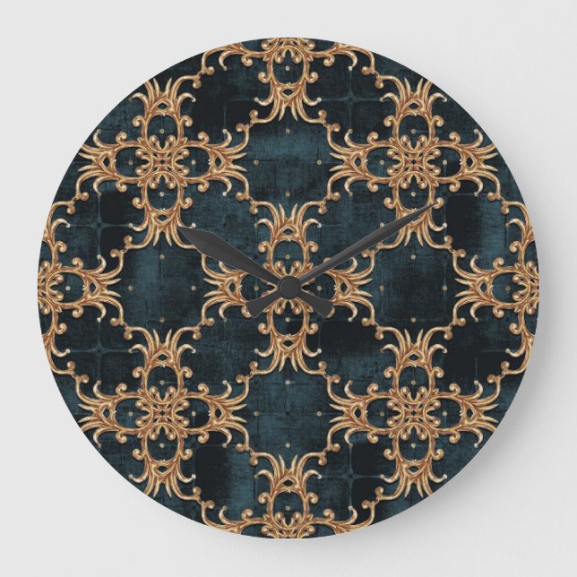 Barocke Goldelemente, dunkelaquamarin nahtlos. Große Wanduhr (Vorderseite)