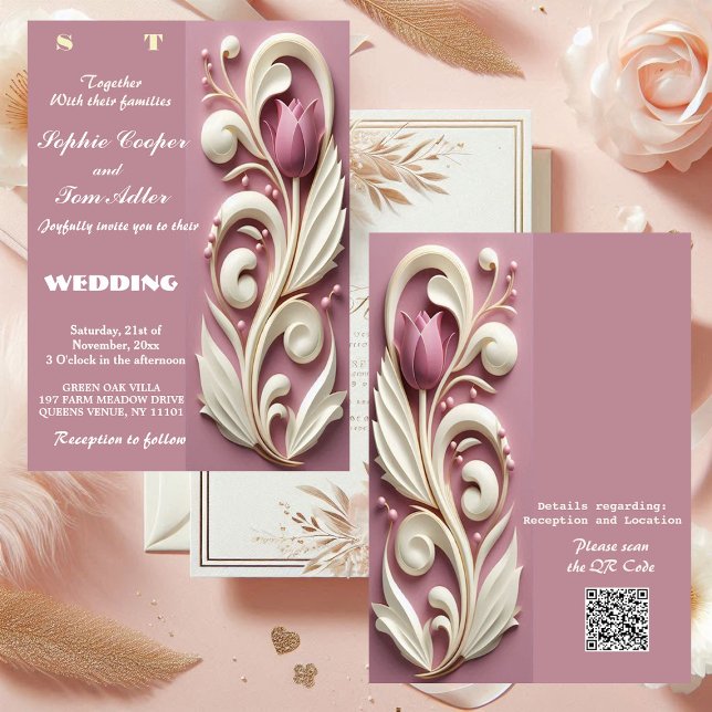 Barocke Opulenz Pastel Tulip Ivory Swirl Mulberry Einladung (Baroque Opulence Pastel Tulip Ivory Swirl Mulberry Invitation)