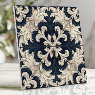Barocke Ornamente in Elfenbein und Navy Fliese