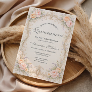 Barocke Quinceañera in Rosé und Pfirsich Einladung