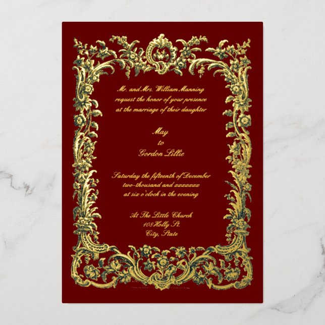 Barocke Rokoko Blumenstrasse mit zwei Herz Folieneinladung (Vorderseite)