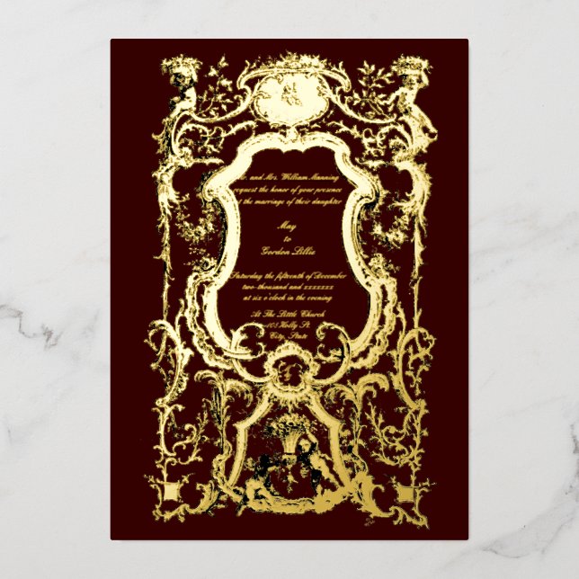 Barocke Rokoko der 1700er Jahre Blumengrenze mit C Folieneinladung (Vorderseite)