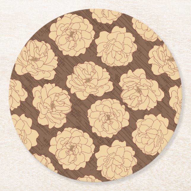 Barocke Rose auf walnussbraun - nahtloses Muster. Runder Pappuntersetzer (Vorderseite)