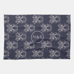 barocke Stil Blumenmuster der Marine. Monogrammm. Geschirrtuch