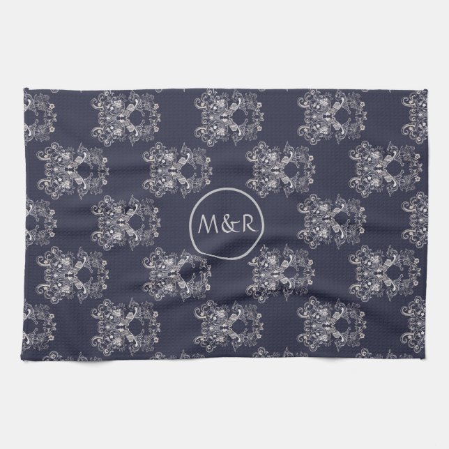 barocke Stil Blumenmuster der Marine. Monogrammm.  Geschirrtuch (Horizontal)