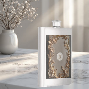 Barocke Vintage-Topographie Metallic Elfenbein-Mon Flachmann
