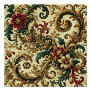 Barockes Blumenmuster mit Gold, Rot, Grün A Poster