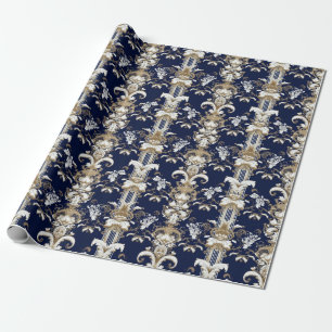 Barockes dunkelblau-goldenes Muster Geschenkpapier