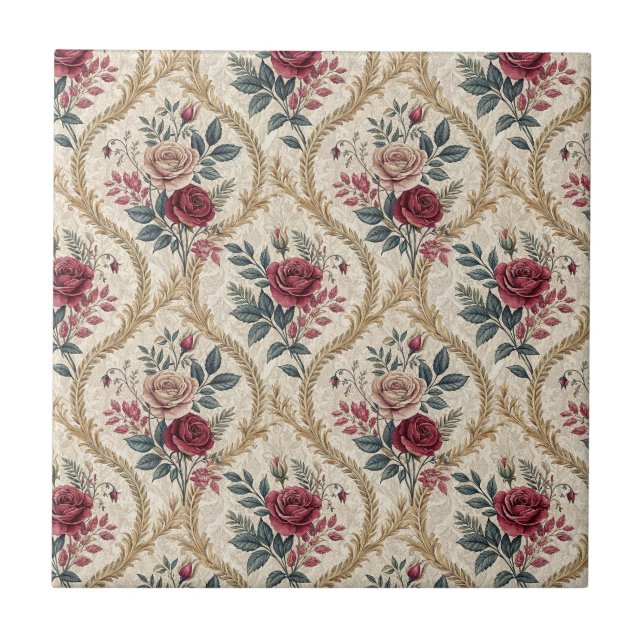 Barockes Rosen-Damaskus-Vintage-Blumenmuster Fliese (Vorderseite)