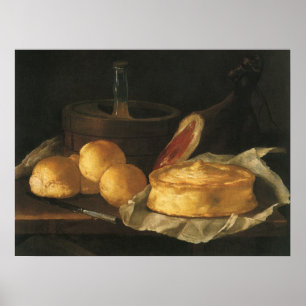 Barockes Stillleben mit Brot, Torte und Schinken Poster