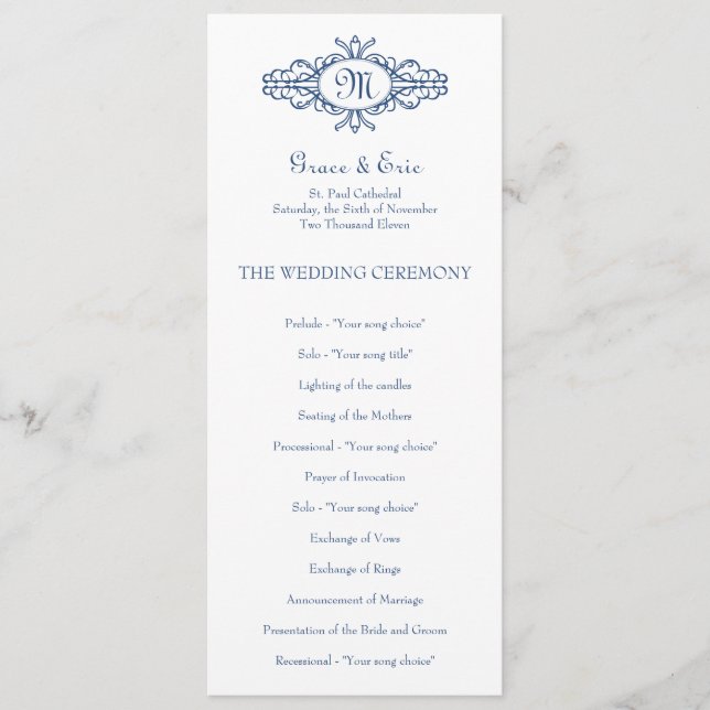 Barockrahmen-Monogramm navyblaue Hochzeitsprogramm Programm (Vorderseite)