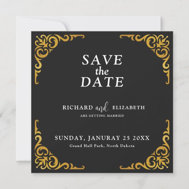 Barockrahmen Royal Black and Gold Ornamental Save The Date (Vorderseite)