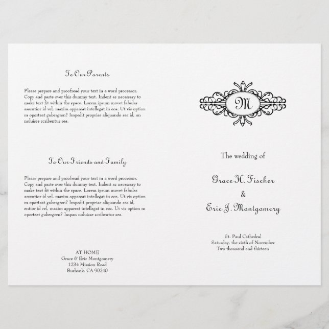 Barockrahmen Single Monogramm Hochzeitsprogramm (Vorderseite)