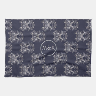 Barockstil Blumen navy Muster. Monogramm. Handtuch