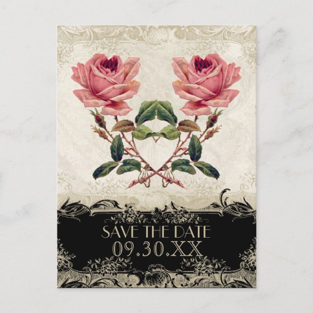 Barockstil Vintage Rose Schwarz an Creme Lace Ankündigungspostkarte (Vorderseite)