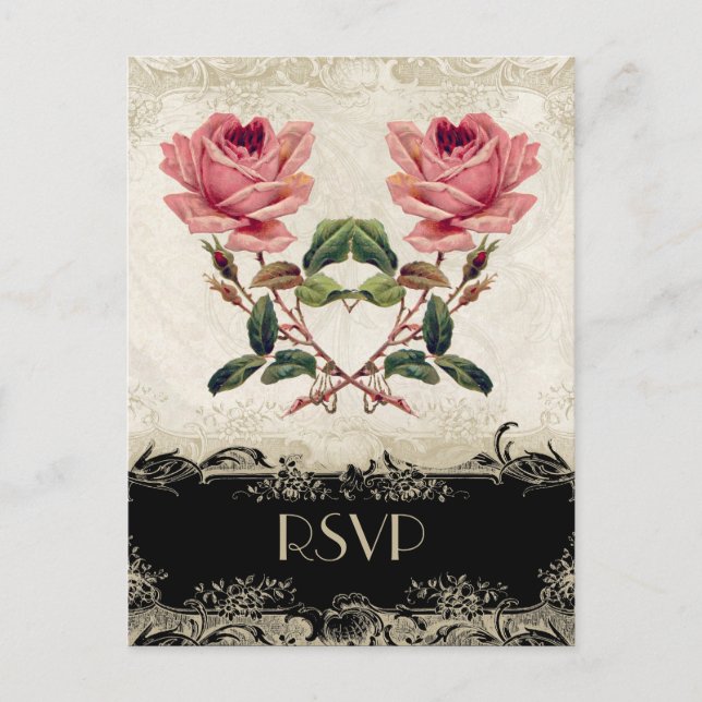 Barockstil Vintage Rose Schwarz an Creme Lace Einladungspostkarte (Vorderseite)