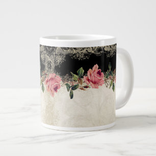 Barockstil Vintage Rose Schwarz an Creme Lace Jumbo-Tasse