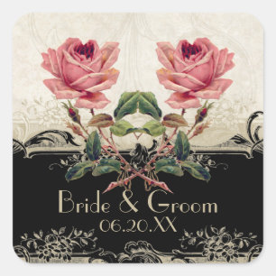 Barockstil Vintage-Rose Schwarz und Creme Spitze Quadratischer Aufkleber