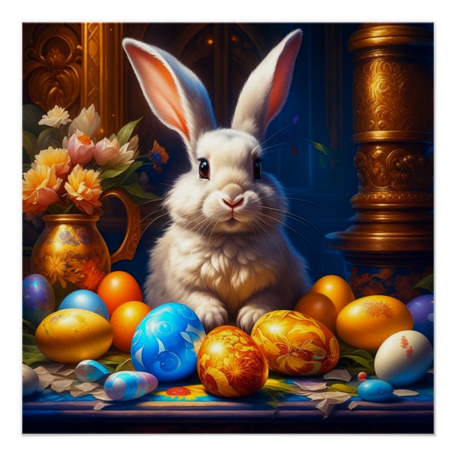 Barockweiße Ostern Bunny mit Eiern Poster (Vorderseite)