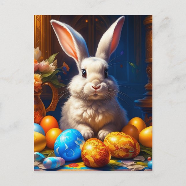 Barockweiße Ostern Bunny mit Eiern Postkarte (Vorderseite)