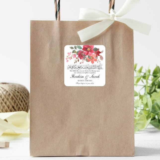 Barokallahu nikah muslim Hochzeit rote Rose Quadratischer Aufkleber (Von Creator hochgeladen)