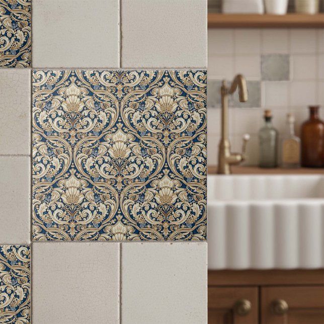 Baroque Acanthus Swirls Pat#3 Blue Gold ID1194 Fliese (Von Creator hochgeladen)