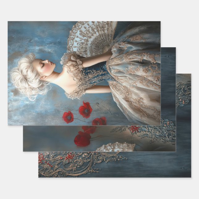 Baroque Ballet, Elegant Rococo Portrait & Poppies Geschenkpapier Set (Set)