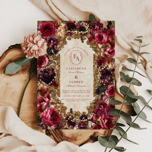 Baroque Berry und Burgund Blumenhochzeit Einladung