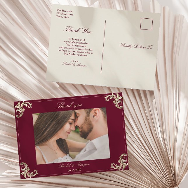 Baroque Burgundy Gold Wedding Vielen Dank Postkarte (Von Creator hochgeladen)