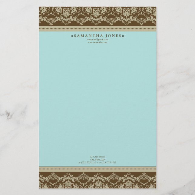 Baroque Damask Designer Geschichten: aqua Briefpapier (Vorderseite)