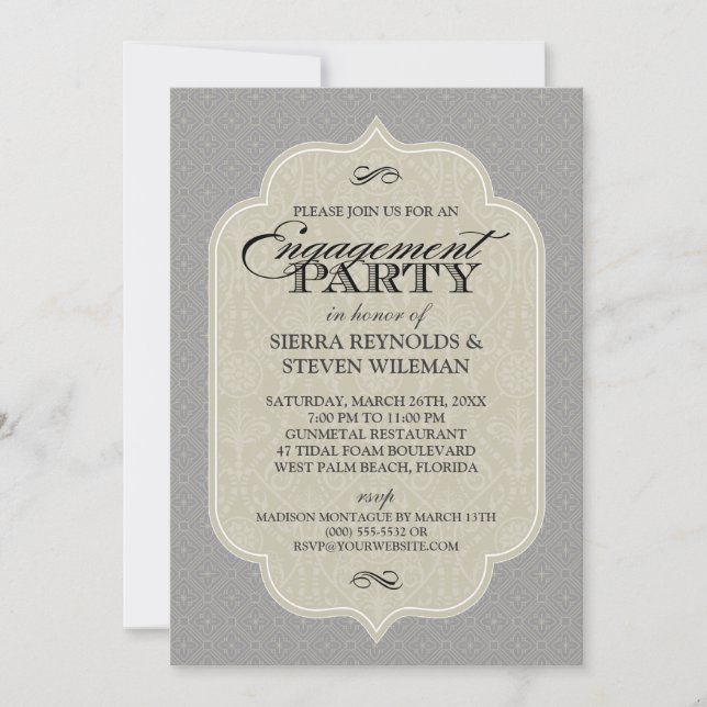 Baroque Damask Gunmetal Gunmetal Graue Engagement  Einladung (Vorderseite)