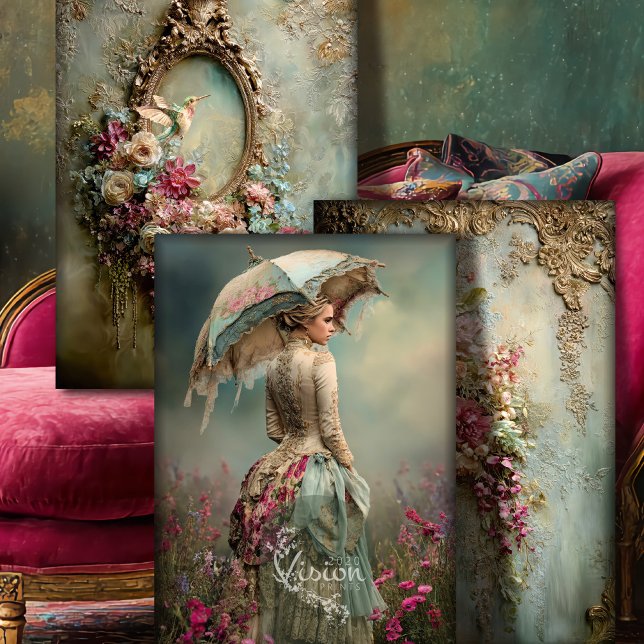 Baroque French Woman, Bird & Floral, Matching Art  Geschenkpapier Set (Baroque Vintage Fantasy, French Woman, Hummingbird & Floral Heavyweight Decoupage Craft Paper.)